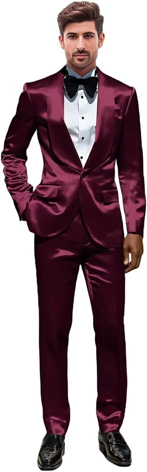 Mens 2 Piece Satin Suit One Button Slim Fit Formal Wedding Prom Party Tuxedo Suits Blazer Pants Set