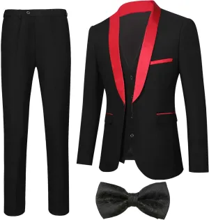 Men's Slim Fit Suit Shawl Lapel with Black Printing Bow Tie 4 Pieces Wedding Prom Dinner Tuxedo Blazer Vest Pants Set