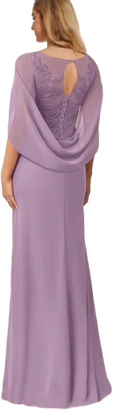 Mermaid Mother of The Bride Dresses with Cape Sleeve Lace Appliques Wedding Guest Formal Dress for Women YH74