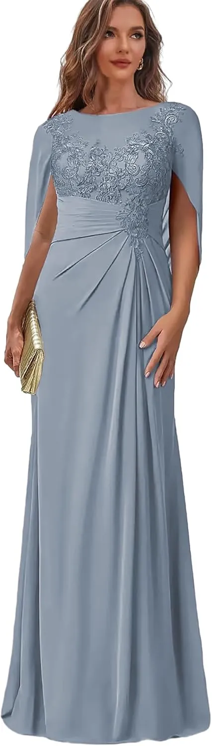 Mermaid Mother of The Bride Dresses with Cape Sleeve Lace Appliques Wedding Guest Formal Dress for Women YH74