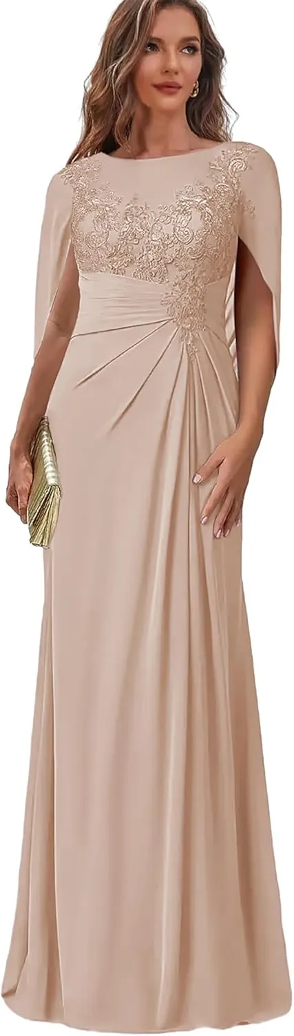 Mermaid Mother of The Bride Dresses with Cape Sleeve Lace Appliques Wedding Guest Formal Dress for Women YH74