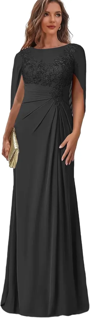 Mermaid Mother of The Bride Dresses with Cape Sleeve Lace Appliques Wedding Guest Formal Dress for Women YH74