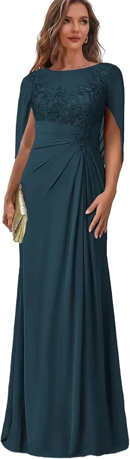 Mermaid Mother of The Bride Dresses with Cape Sleeve Lace Appliques Wedding Guest Formal Dress for Women YH74