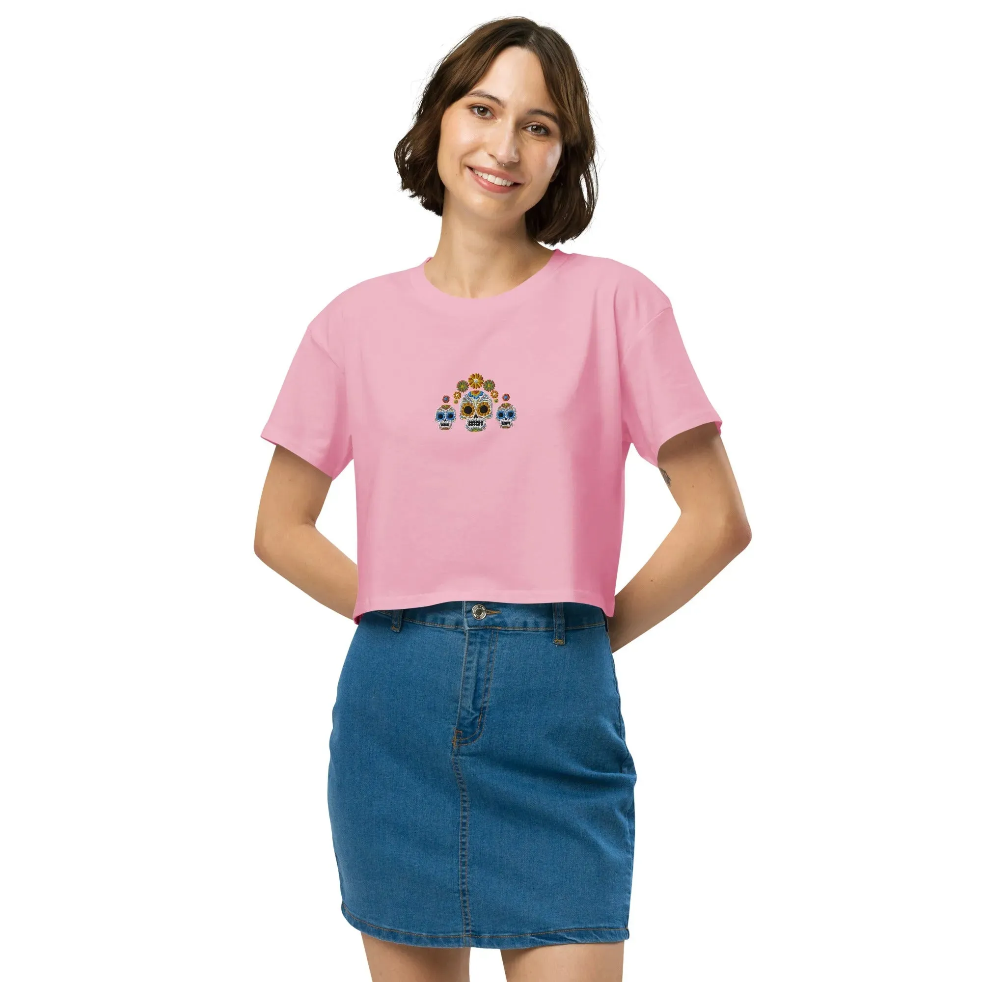 Mexican Day of the Dead Embroidered Cropped T-Shirt