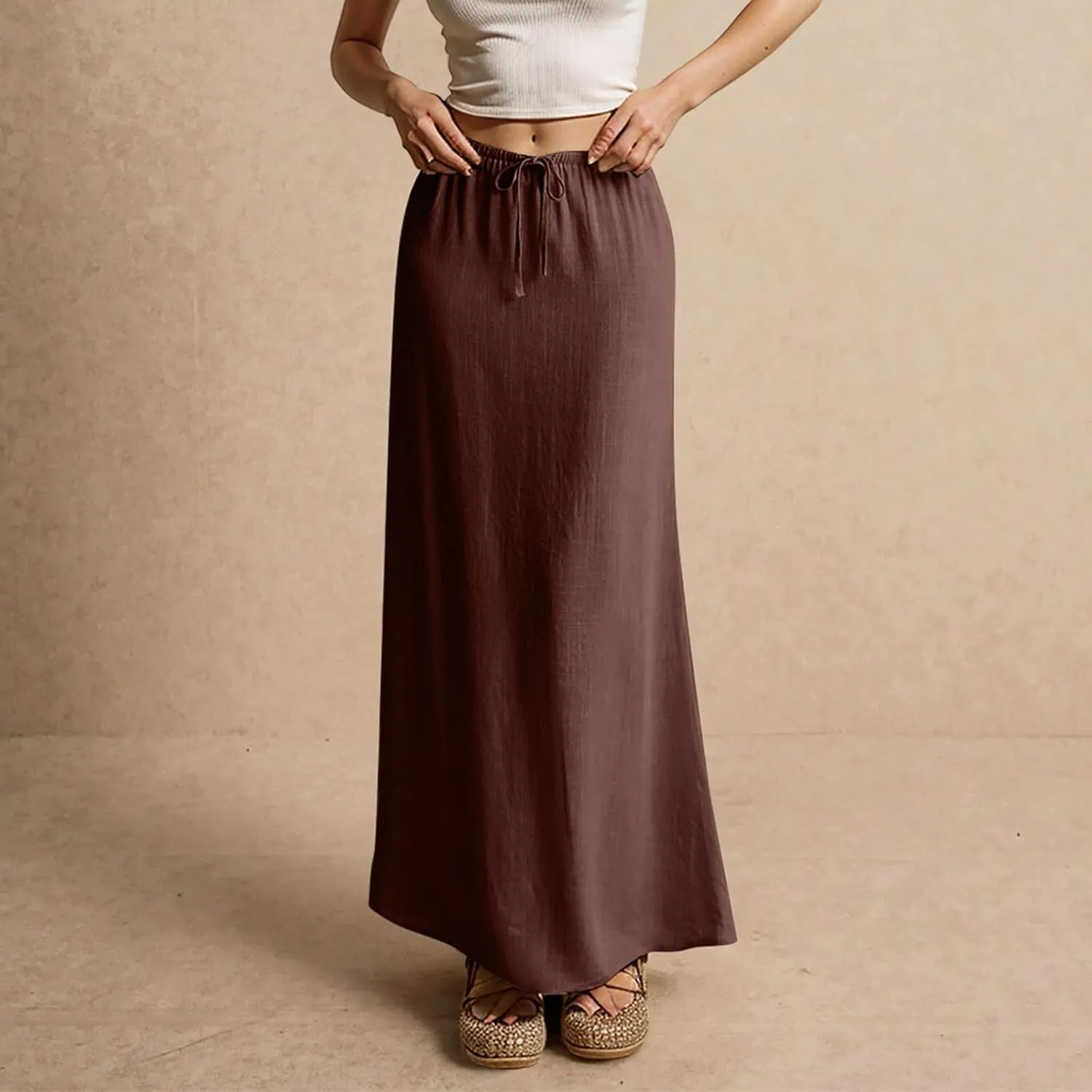 midelxp Linen Maxi Skirts for Women Trendy Summer Comfy Drawstring Waist A Line Skirts Cute Vacation Boho Long Flowy Skirts