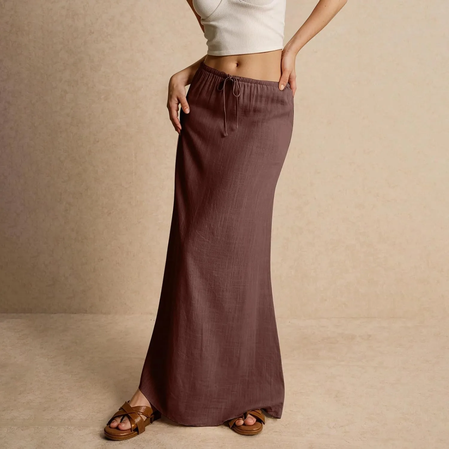 midelxp Linen Maxi Skirts for Women Trendy Summer Comfy Drawstring Waist A Line Skirts Cute Vacation Boho Long Flowy Skirts
