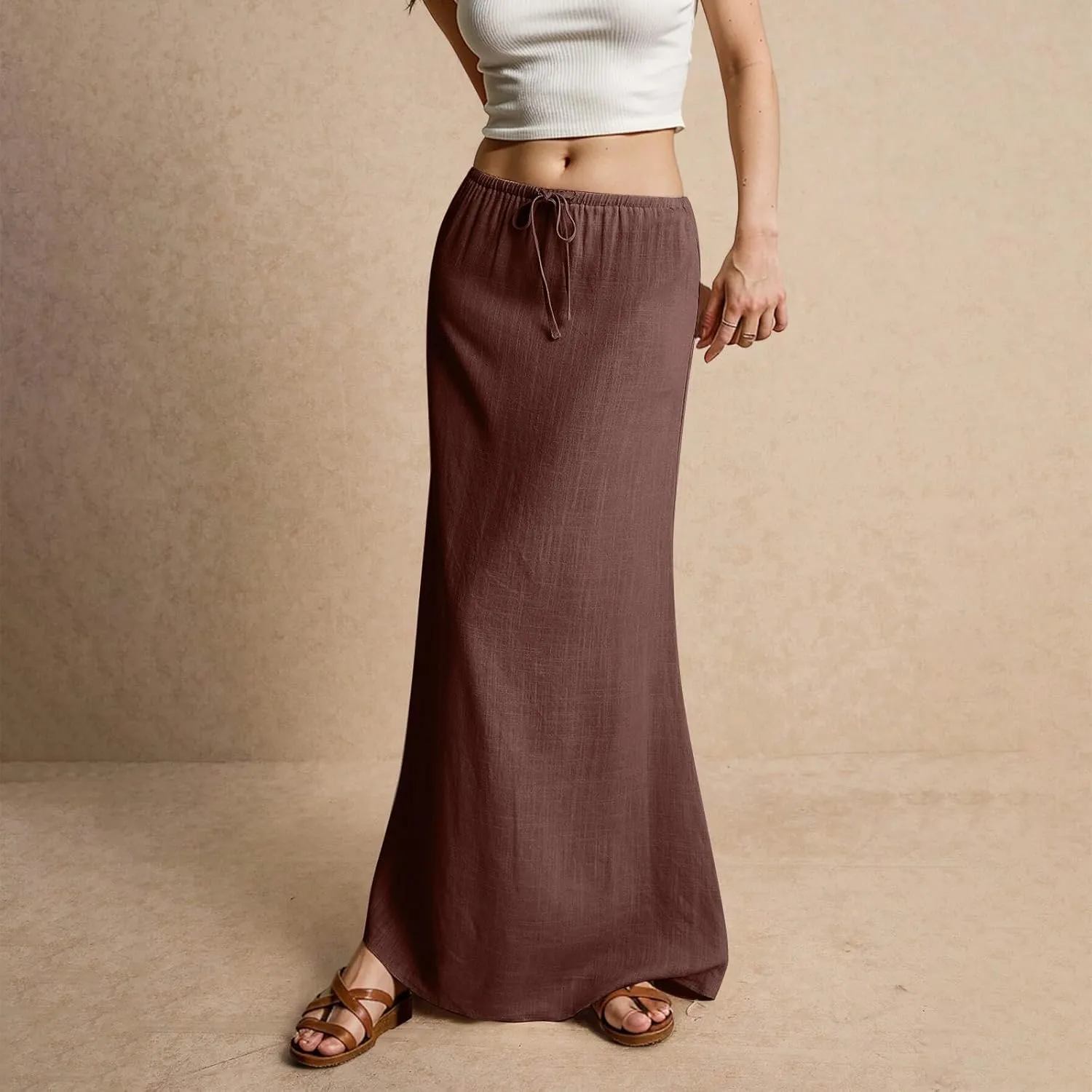 midelxp Linen Maxi Skirts for Women Trendy Summer Comfy Drawstring Waist A Line Skirts Cute Vacation Boho Long Flowy Skirts