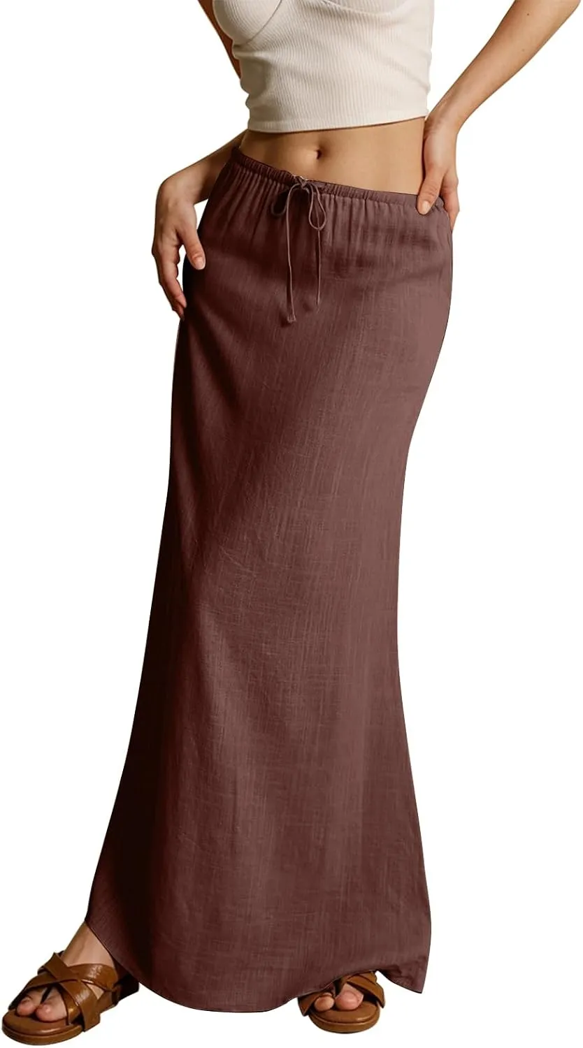 midelxp Linen Maxi Skirts for Women Trendy Summer Comfy Drawstring Waist A Line Skirts Cute Vacation Boho Long Flowy Skirts