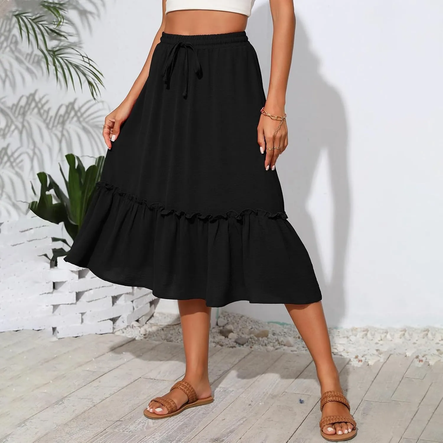 Midi Skirts for Women Boho Drawstring Waist Beach Skirt with Pockets Casual Flowy Swing Pleated A Line Skirts