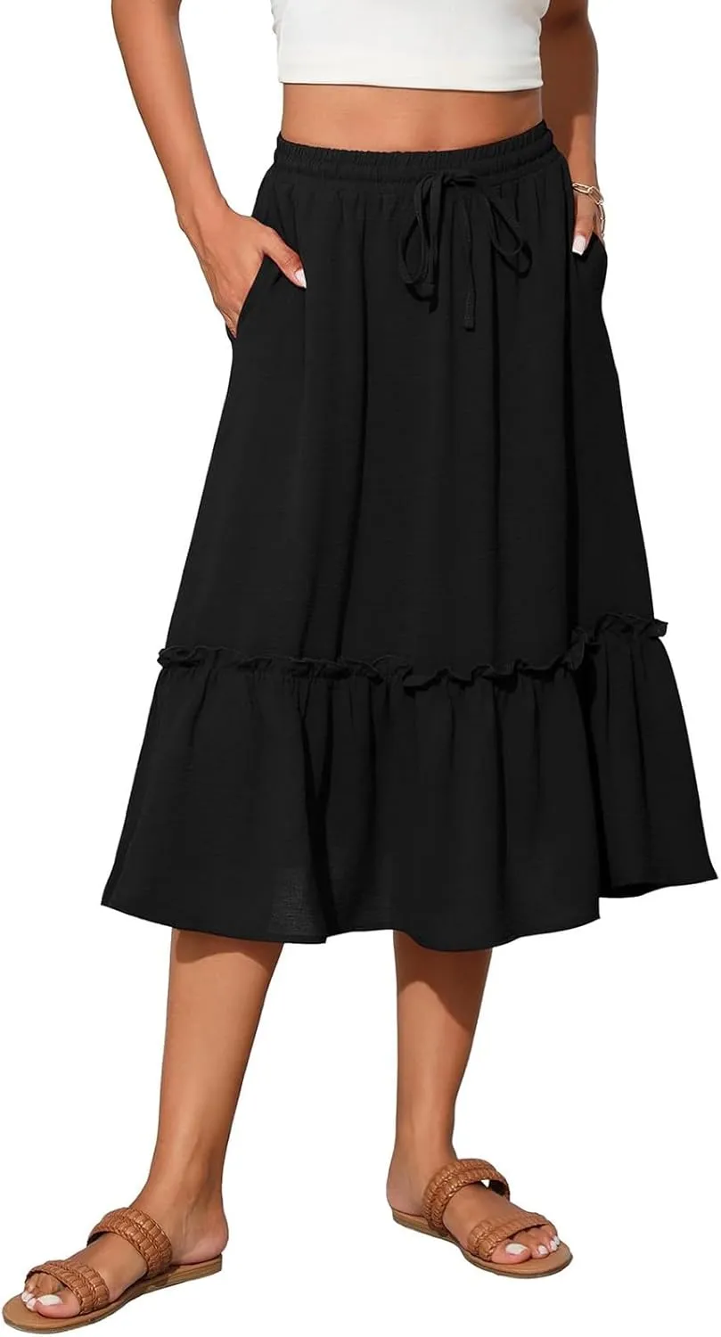 Midi Skirts for Women Boho Drawstring Waist Beach Skirt with Pockets Casual Flowy Swing Pleated A Line Skirts