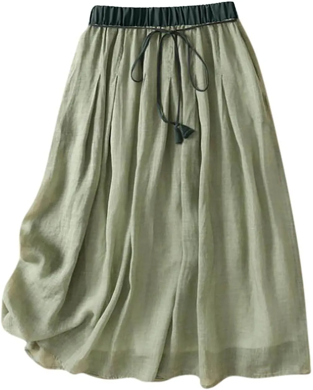 Midi Skirts for Women Cotton Linen Drawstring Elastic Waist Pleated Ruffle Skirt Summer Solid Knee Length Midi Skirt