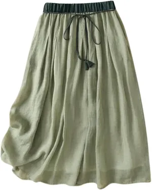 Midi Skirts for Women Cotton Linen Drawstring Elastic Waist Pleated Ruffle Skirt Summer Solid Knee Length Midi Skirt