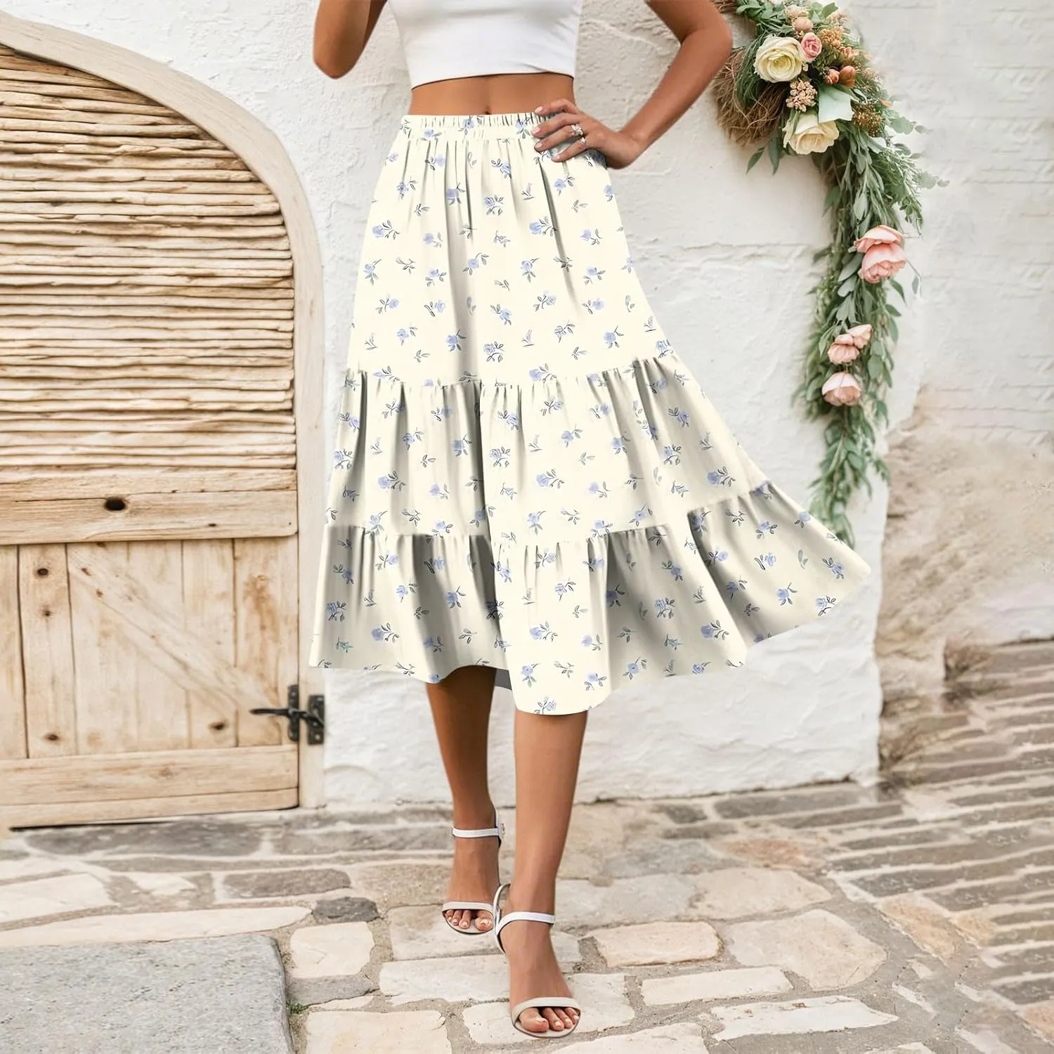 Midi Skirts for Women Summer Elastic High Waisted Floral Skirt Trendy Ruffle Tiered Cute Boho Skirt with Pockets