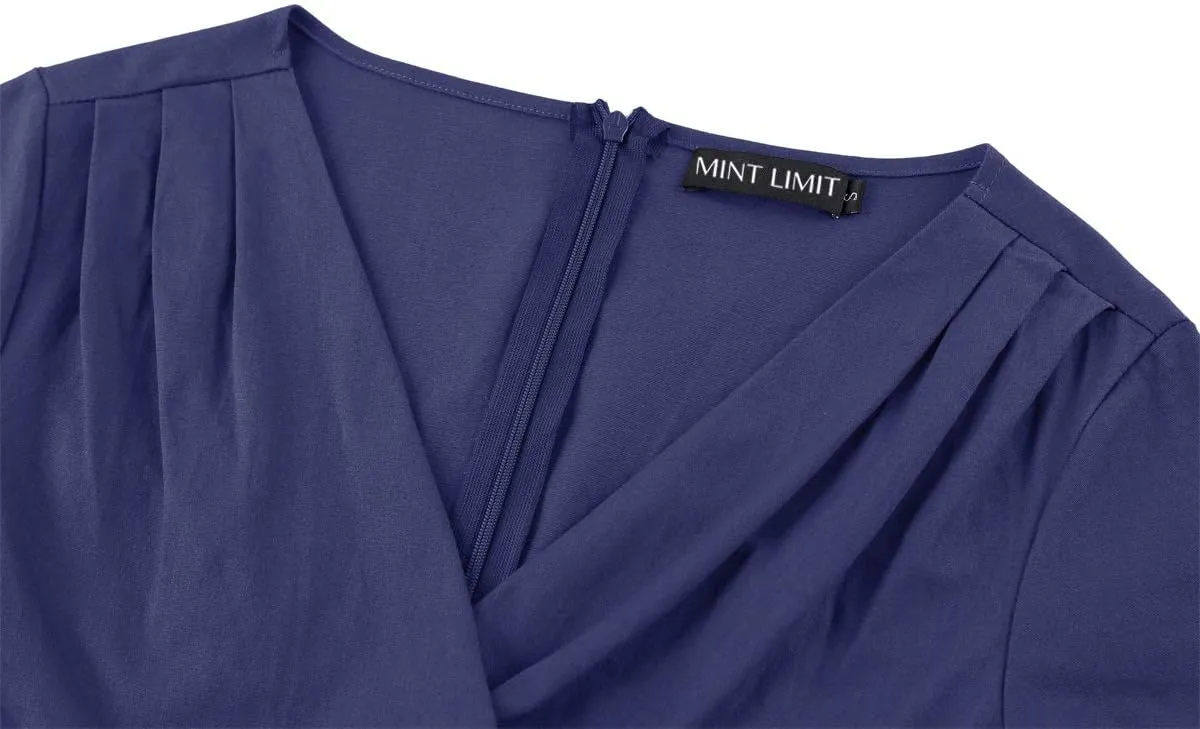 MINTLIMIT Women's 1950s Vintage Wrap V Neck Half Sleeve Retro Cocktail Swing Dress Plain A-line Dresses