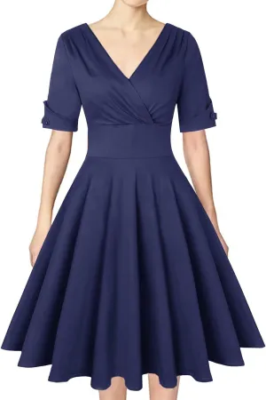 MINTLIMIT Women's 1950s Vintage Wrap V Neck Half Sleeve Retro Cocktail Swing Dress Plain A-line Dresses