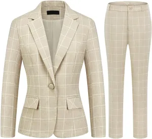 MODFUL Women's 2 Piece Business Plaid Suit Set Office One Button Slim Fit Blazer with Pant