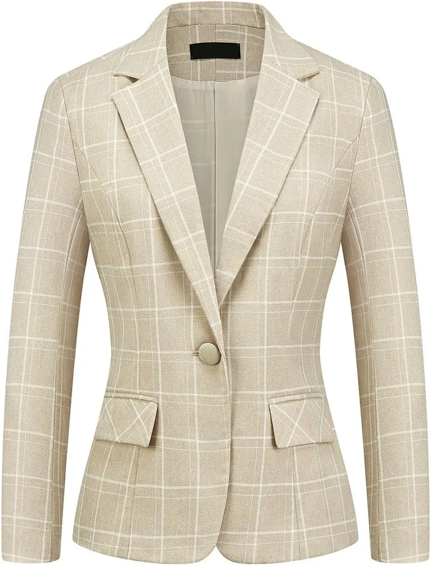 MODFUL Women's 2 Piece Business Plaid Suit Set Office One Button Slim Fit Blazer with Pant