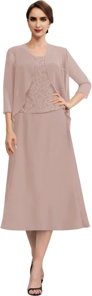 Mother of The Bride Dresses for Wedding Chiffon Lace Formal Evening Dresses Tea Length Grandmother Dresses with Jacket