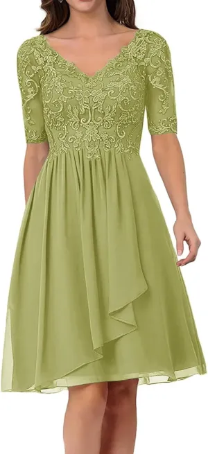 Mother of The Bride Dresses for Wedding Lace Appliques Chiffon V-Neck A-line with Sleeves Formal Evening Gowns