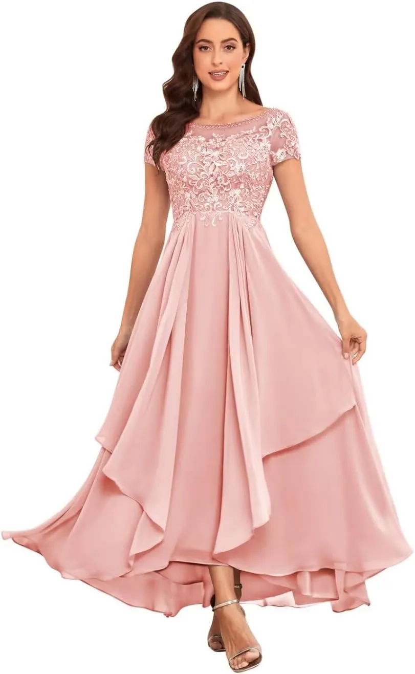 Mother of The Bride Dresses for Wedding Short Sleeve Lace Chiffon Ruched Formal Evening Dress