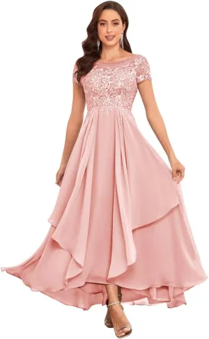 Mother of The Bride Dresses for Wedding Short Sleeve Lace Chiffon Ruched Formal Evening Dress