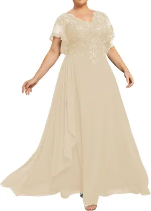 Mother of The Bride Dresses Plus Size Evening Dress V Neck Lace Long Formal Gowns with Sleeves