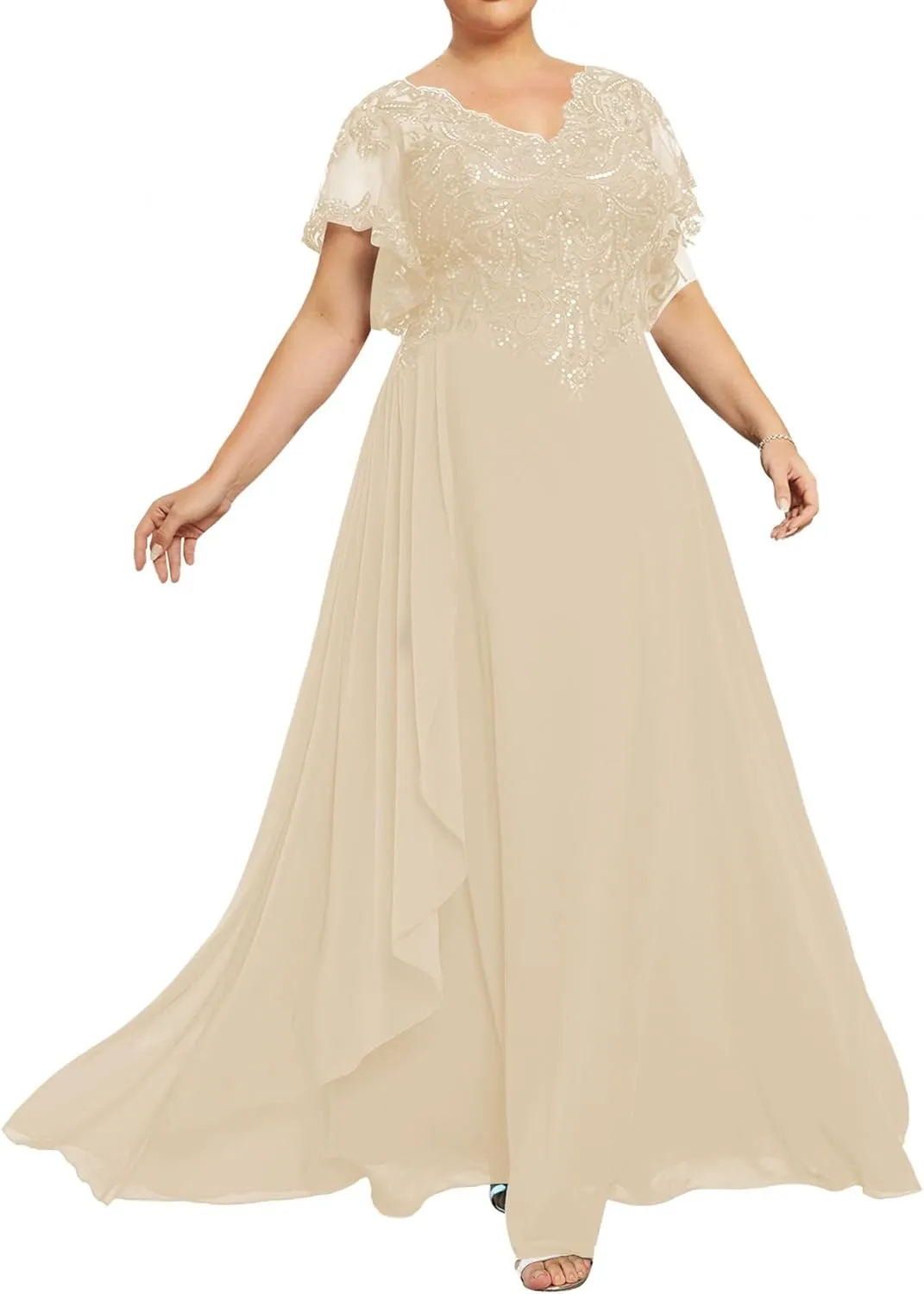 Mother of The Bride Dresses Plus Size Evening Dress V Neck Lace Long Formal Gowns with Sleeves