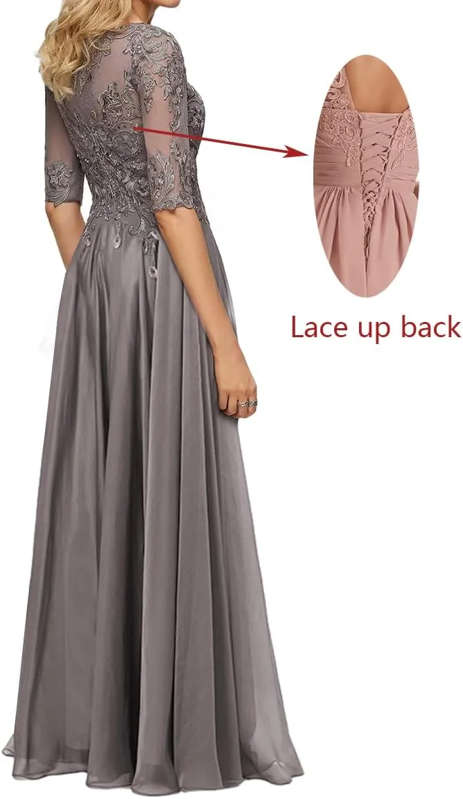Mother of The Bride Dresses with Sleeves Lace Formal Evening Gowns Chiffon Long Evening Dresses for Women