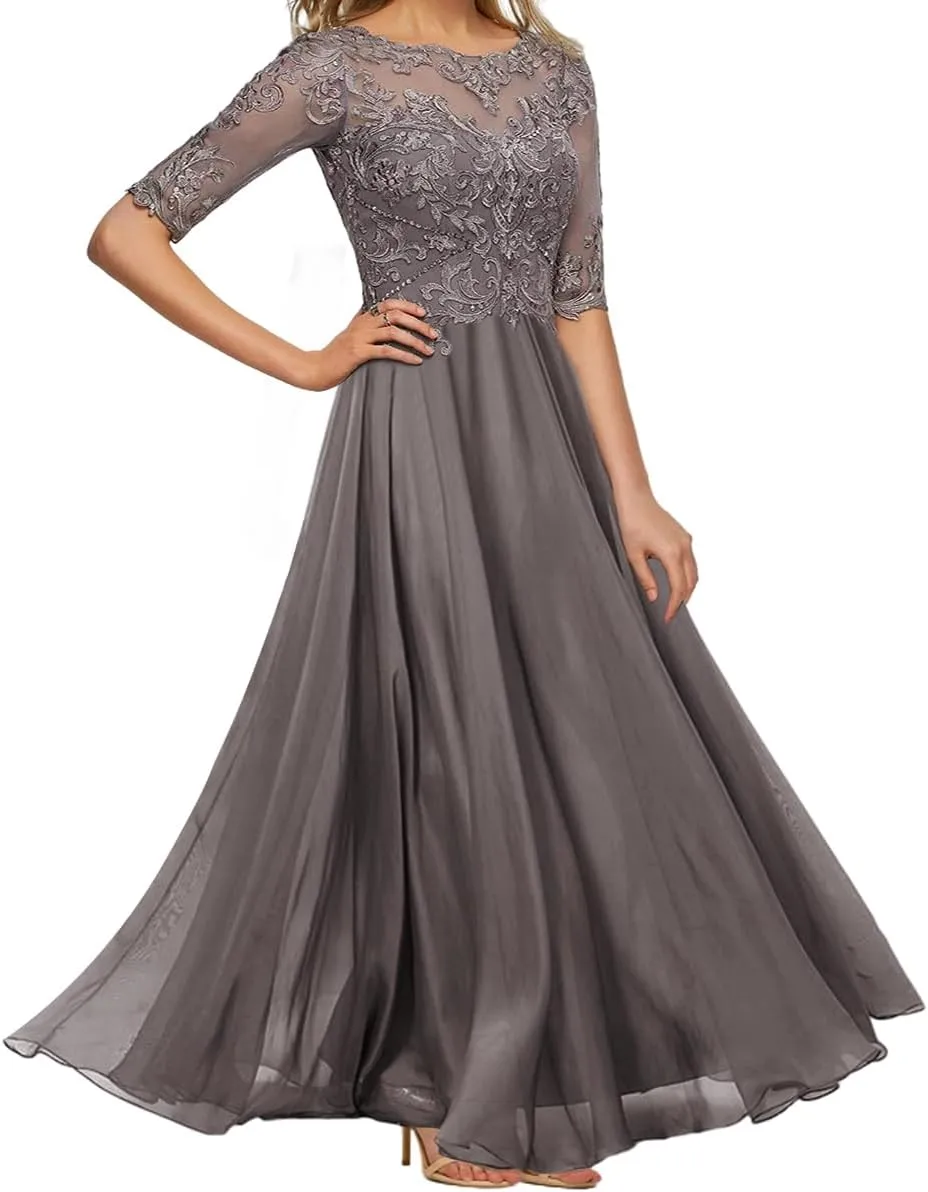 Mother of The Bride Dresses with Sleeves Lace Formal Evening Gowns Chiffon Long Evening Dresses for Women