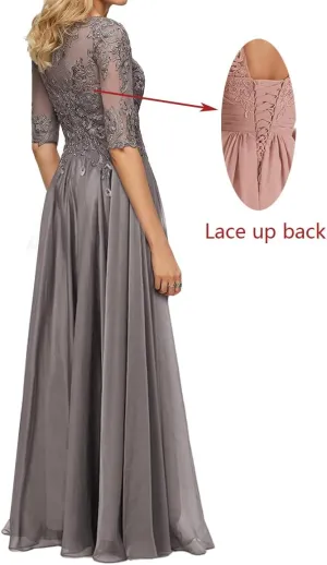 Mother of The Bride Dresses with Sleeves Lace Formal Evening Gowns Chiffon Long Evening Dresses for Women