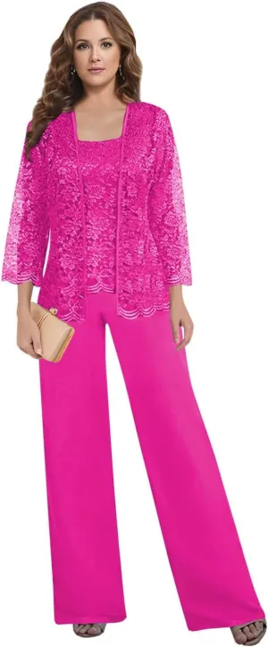 Mother of The Bride Pant Suits for Wedding Square Neck lace Chiffon 3-Piece Wedding Guest Outfit for Women