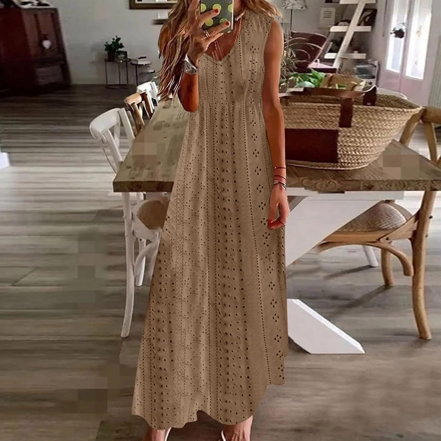 Mzkdieey Women's Summer Eyelet Embroidery Maxi Dress Casual V-Neck Sleeveless Bohemian Beach Dress Plus Size Loose Sundress