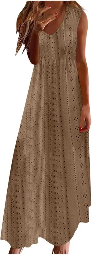 Mzkdieey Women's Summer Eyelet Embroidery Maxi Dress Casual V-Neck Sleeveless Bohemian Beach Dress Plus Size Loose Sundress