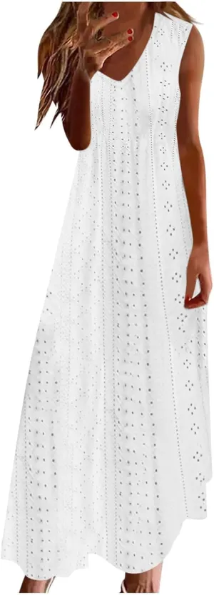 Mzkdieey Women's Summer Eyelet Embroidery Maxi Dress Casual V-Neck Sleeveless Bohemian Beach Dress Plus Size Loose Sundress