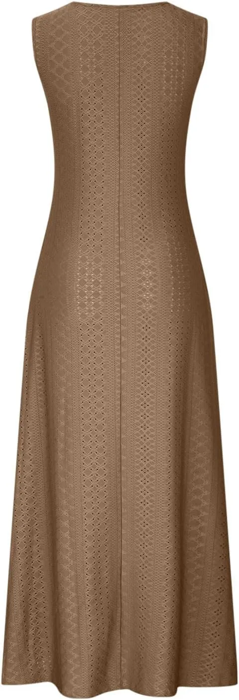 Mzkdieey Women's Summer Eyelet Embroidery Maxi Dress Casual V-Neck Sleeveless Bohemian Beach Dress Plus Size Loose Sundress