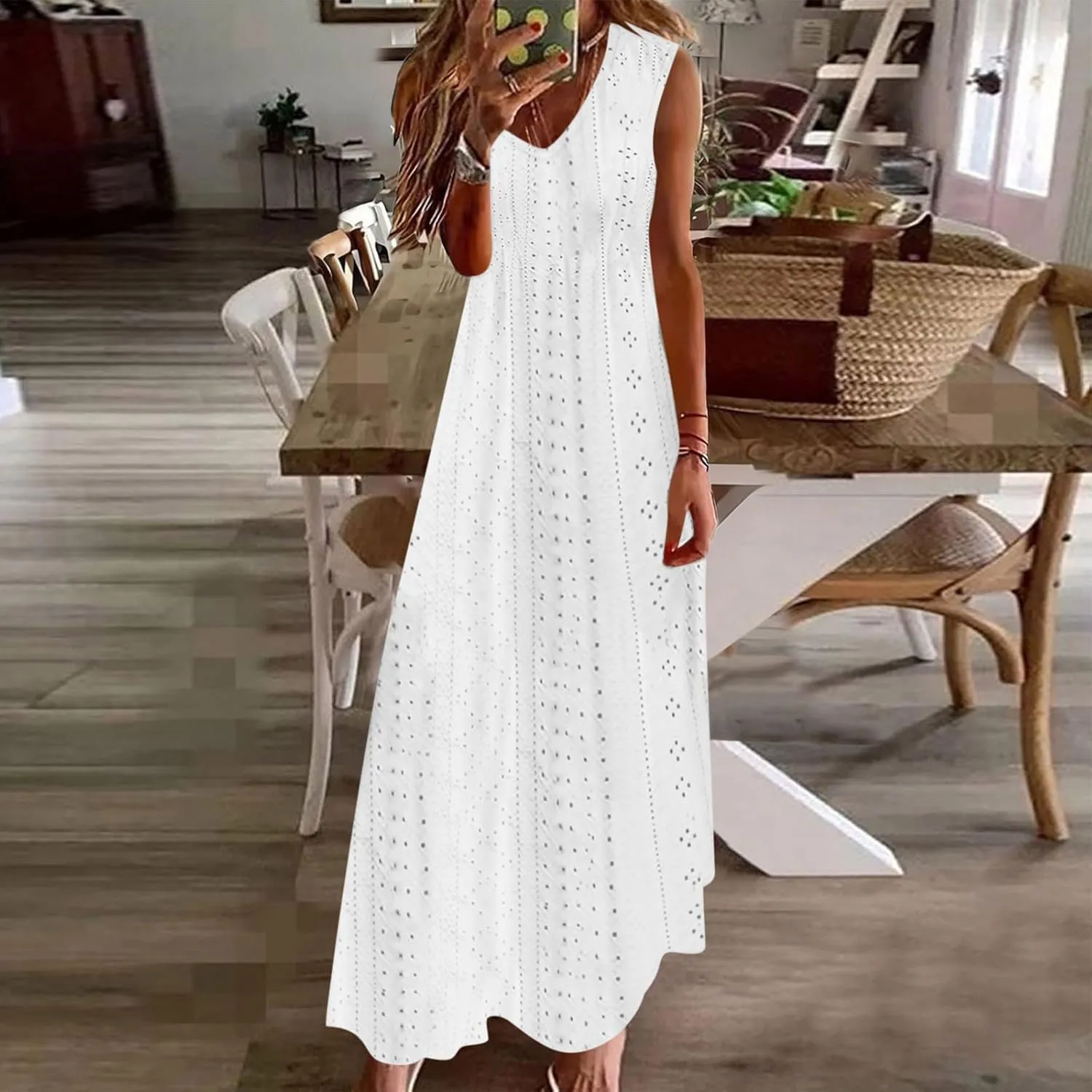 Mzkdieey Women's Summer Eyelet Embroidery Maxi Dress Casual V-Neck Sleeveless Bohemian Beach Dress Plus Size Loose Sundress