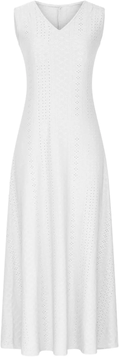Mzkdieey Women's Summer Eyelet Embroidery Maxi Dress Casual V-Neck Sleeveless Bohemian Beach Dress Plus Size Loose Sundress