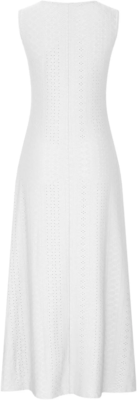 Mzkdieey Women's Summer Eyelet Embroidery Maxi Dress Casual V-Neck Sleeveless Bohemian Beach Dress Plus Size Loose Sundress