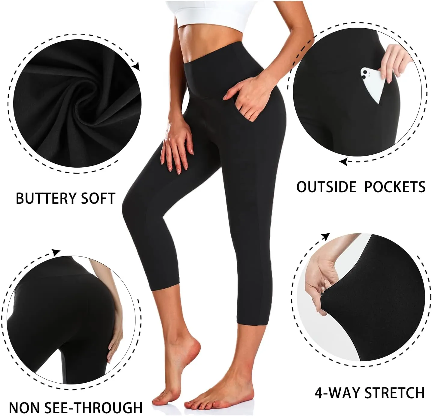 NEW YOUNG 3 Pack Capri Leggings for Women with Pockets-High Waisted Tummy Control Workout Gym Yoga Pants