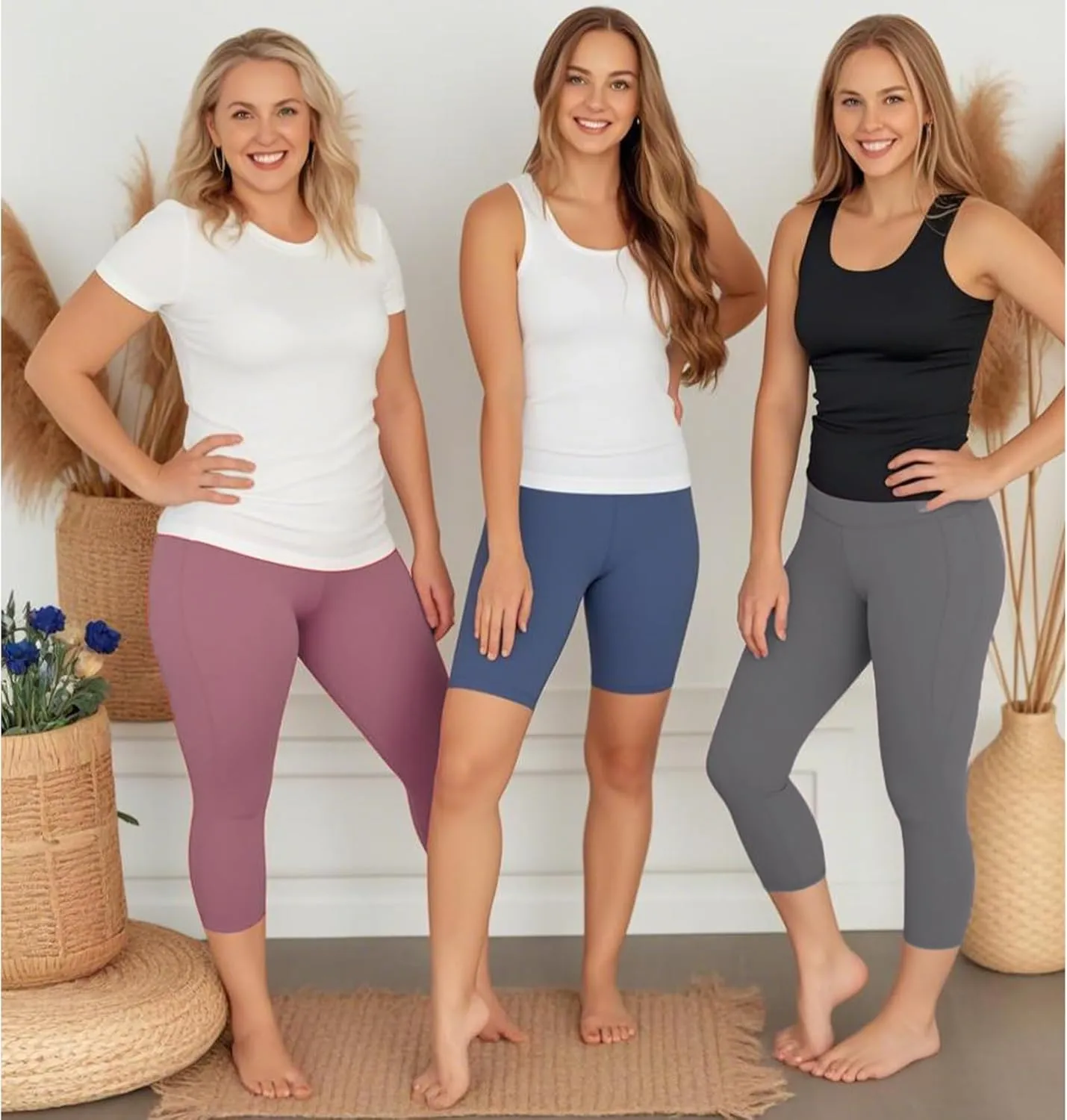 NEW YOUNG 3 Pack Capri Leggings for Women with Pockets-High Waisted Tummy Control Workout Gym Yoga Pants