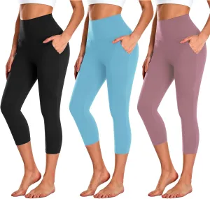 NEW YOUNG 3 Pack Capri Leggings for Women with Pockets-High Waisted Tummy Control Workout Gym Yoga Pants