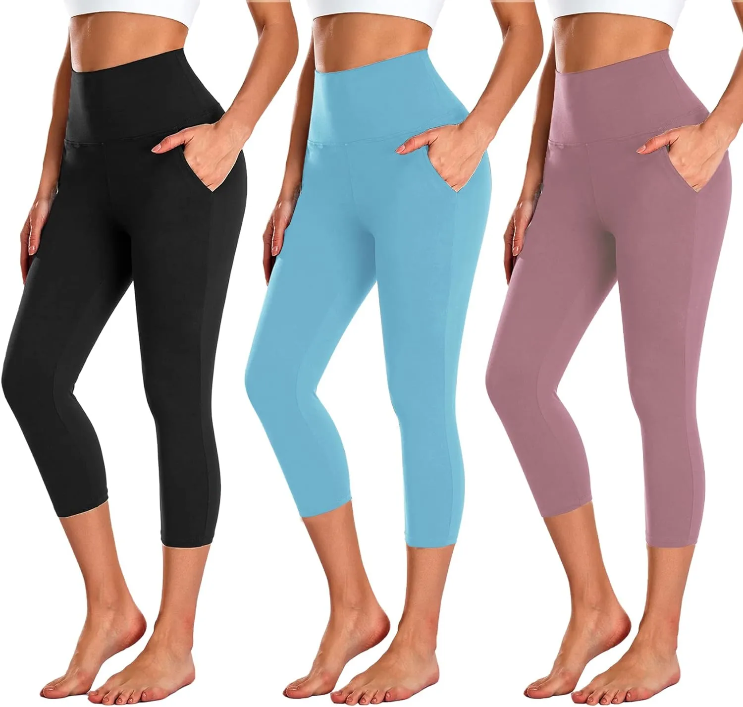 NEW YOUNG 3 Pack Capri Leggings for Women with Pockets-High Waisted Tummy Control Workout Gym Yoga Pants