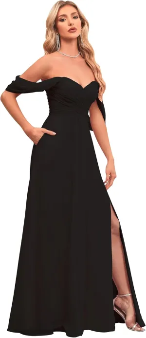 Off The Shoulder Bridesmaid Dresses Chiffon Prom Dress A Line Slit Evening Party Dress with Pockets for Women HS063