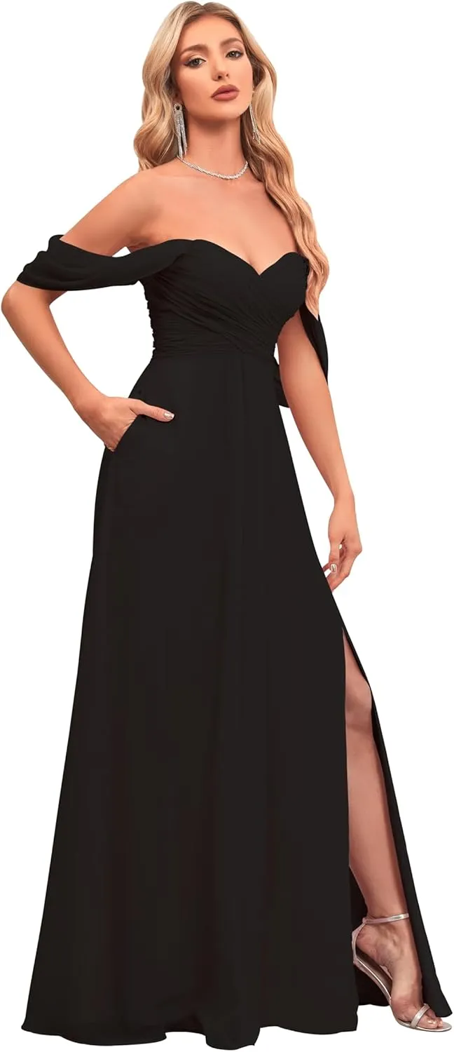 Off The Shoulder Bridesmaid Dresses Chiffon Prom Dress A Line Slit Evening Party Dress with Pockets for Women HS063