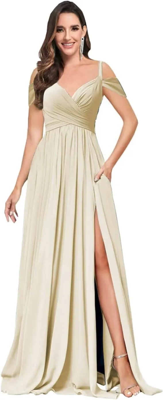 Off The Shoulder Bridesmaid Dresses Long Slit Chiffon Formal Evening Gown with Pockets