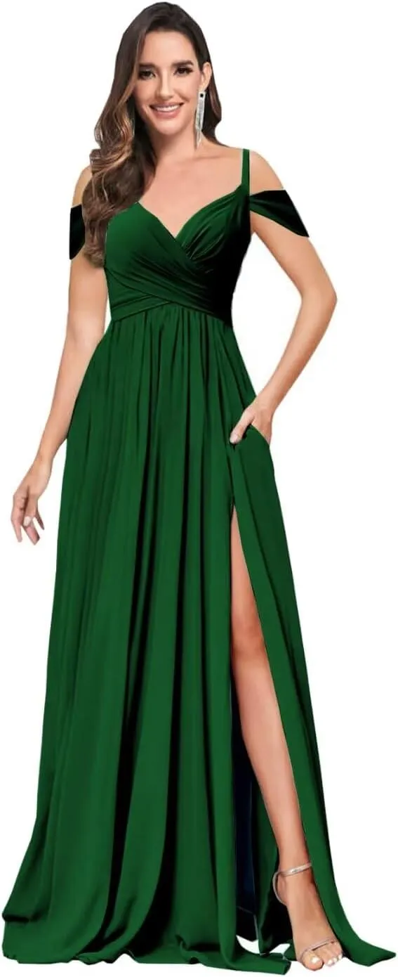 Off The Shoulder Bridesmaid Dresses Long Slit Chiffon Formal Evening Gown with Pockets