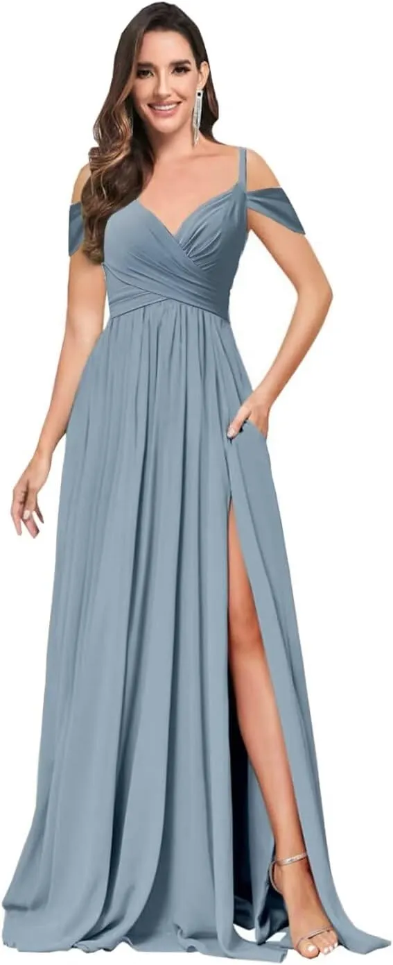 Off The Shoulder Bridesmaid Dresses Long Slit Chiffon Formal Evening Gown with Pockets