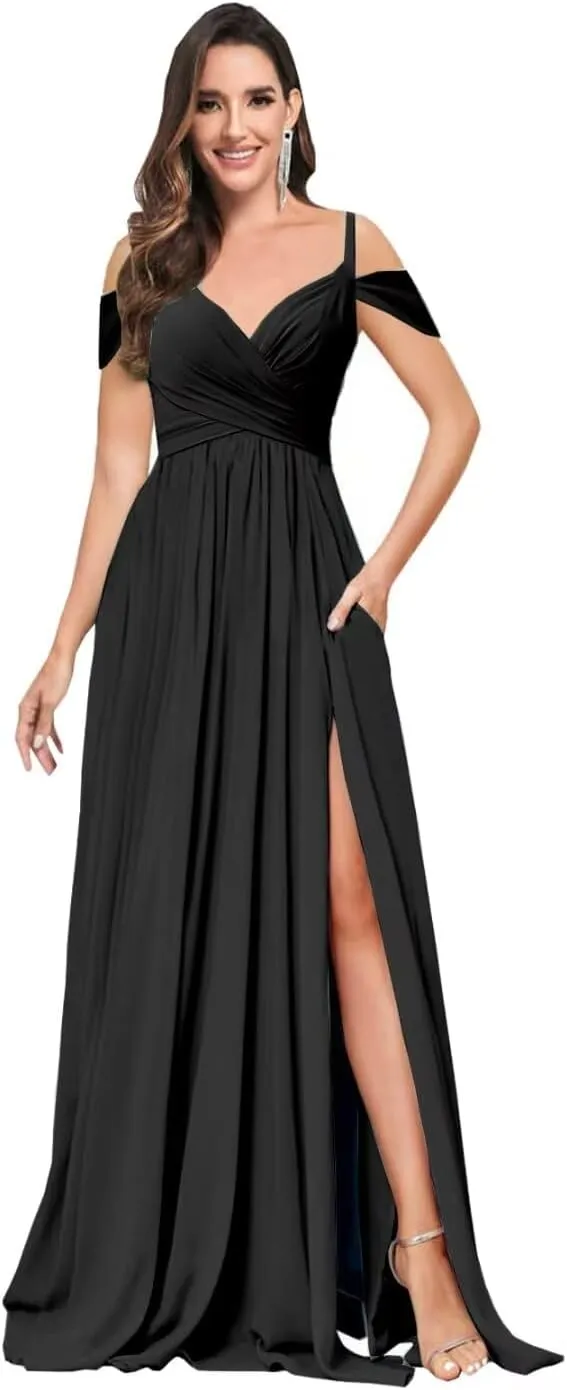 Off The Shoulder Bridesmaid Dresses Long Slit Chiffon Formal Evening Gown with Pockets