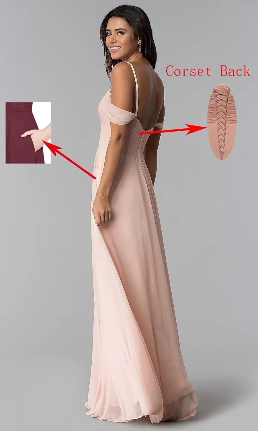 Off The Shoulder Bridesmaid Dresses Long Slit Chiffon Formal Evening Gown with Pockets