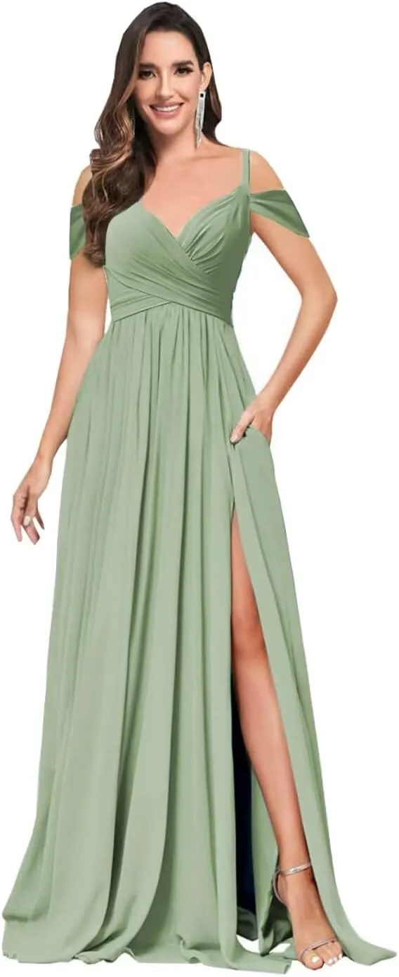 Off The Shoulder Bridesmaid Dresses Long Slit Chiffon Formal Evening Gown with Pockets